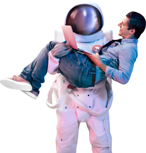 astronaut holding man with laptop